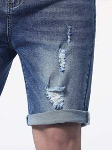 Manfinity Homme Shorts mezclilla de bermuda bajo enrollado rotos - Azul lavado medio - Ver 6