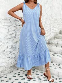 SHEIN VCAY 大尺碼度假V領肩結連衣裙 - 藍白色 - 查看 5