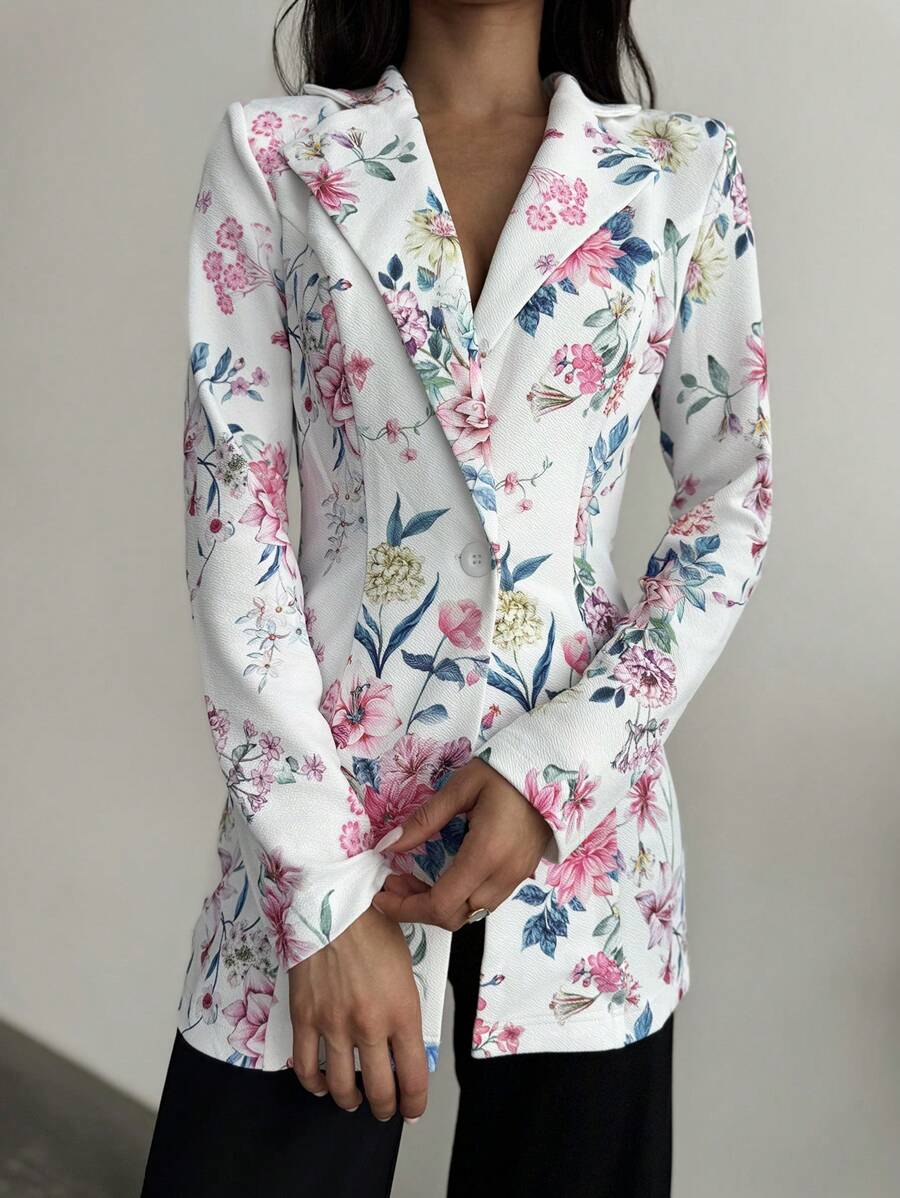 SHEIN Privé Floral Print Single Button Lapel Collar Blazer - Multicolor - View 1