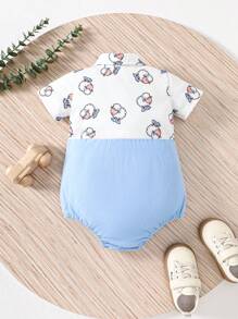 Baby Boy Summer Casual Eid Al-Adha Sheep Pattern Patchwork Bodysuit With Suspenders - Blue - View 2