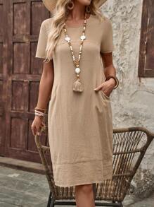 EMERY ROSE Summer Linen Women's Pocketed Dressback To School Outfits - Khaki - View 7