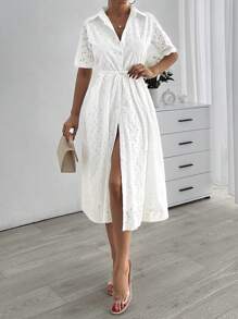SHEIN Cottnline Embroidery Short Sleeve Dress With Belt - White - View 8