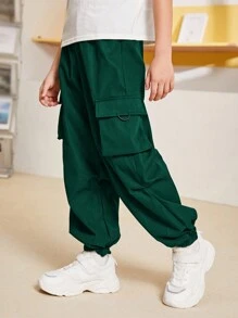 SHEIN Tween Boy Flap Pocket Side Cargo Pants - Green - View 4