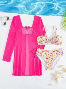 Bộ bikini in hoa đi biển mùa hè cho bé gái tuổi teen với áo và quần tách rời, kèm áo choàng dài tay - Nhiều màu - Xem 2