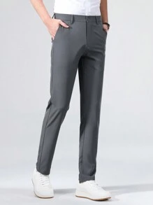 男士纯色口袋直筒休闲/办公长裤，秋季 - 灰色 - 查看 4