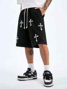 Manfinity NXTstreet Men's Loose Knitted Shorts With Printed Cross, Suitable For Summer - Black - View 1