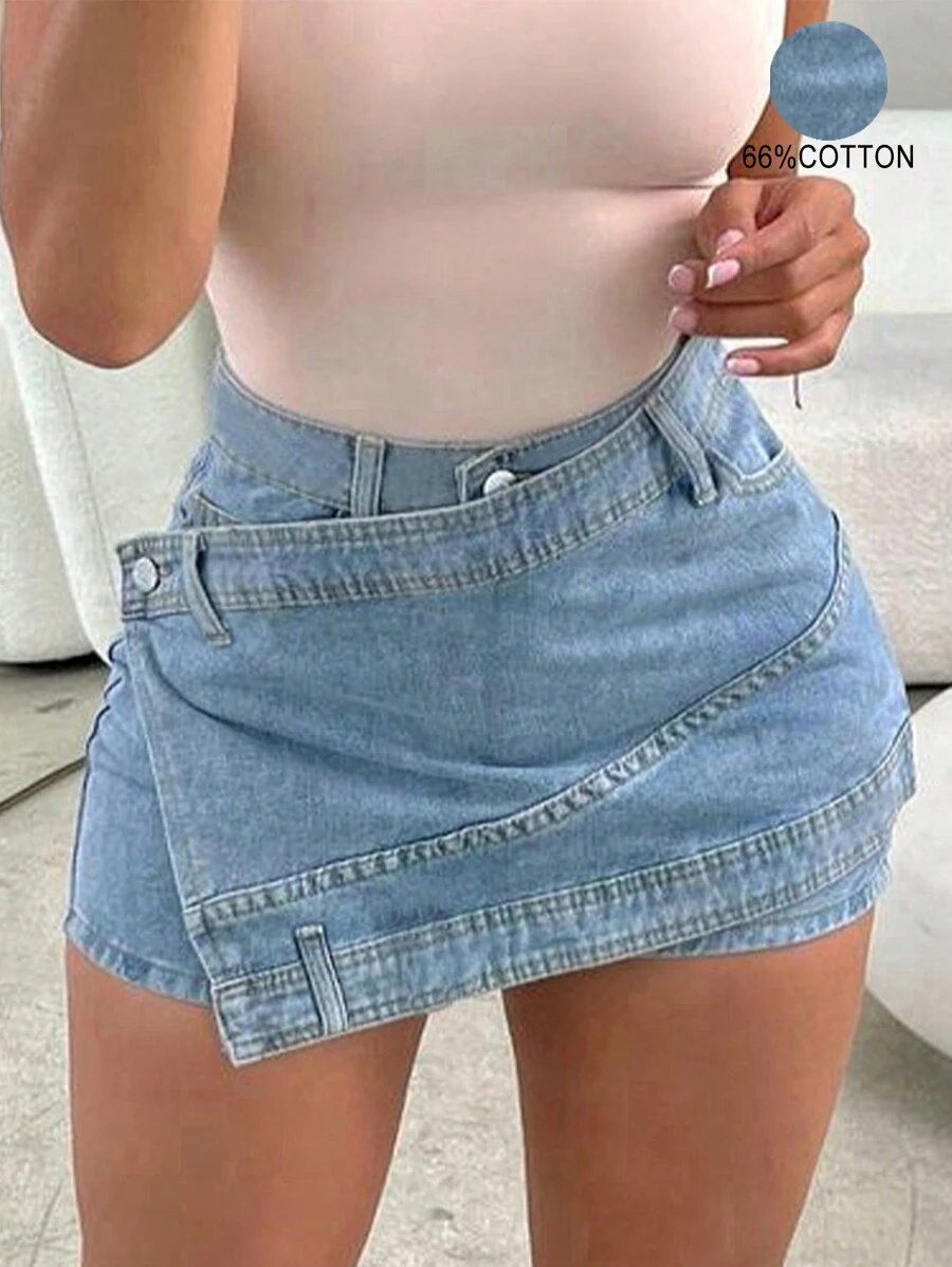 Rave Y2K Street Vintage Overlap Waist Wrap Solid Asymmetrical Hem A-Line Stretchy Skinny Cargo Denim Mini Skorts Music Festival Outfits - Blue - View 1