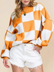 格纹橙色主教袖优雅毛衣，长袖上衣