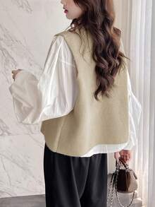 Rikumo Women's Spring Autumn Asymmetrical Buttoned Simple Knitted Sweater Vest Winter - Apricot - View 3