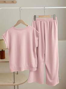 SHEIN Tween Girls' Knitted Plain Basic Loose-Fit V-Neck T-Shirt And Wide Leg Casual Pants Two-Piece Set - Pink - View 2