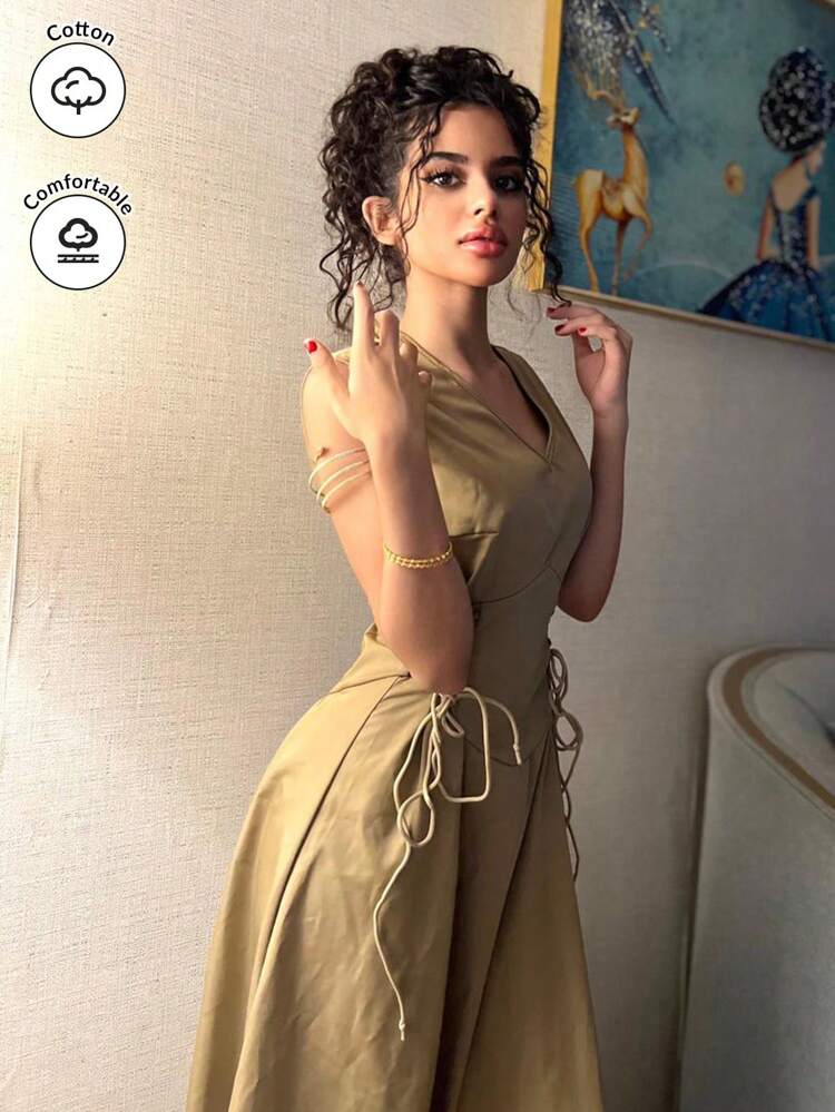 Women Fashionable Drawstring Waist V-Neck Design Dress, Elegant Dress