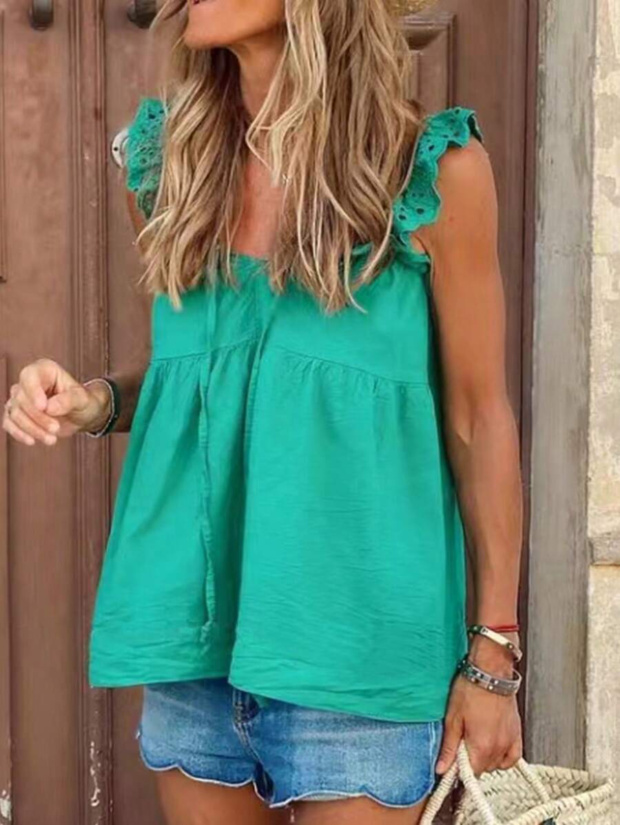 Breezaya Lace Flutter Sleeve A-Line Babydoll Shirt With Bow Tie - Green - View 1