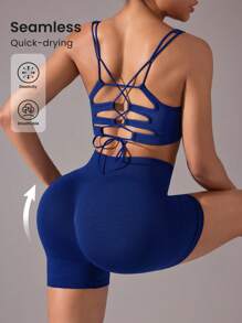Gameset SHEIN Sport 無縫高彈力瑜伽運動胸罩和短褲套裝 - 藏蓝色 - 查看 1