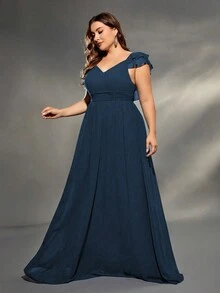 V-Neck Double-Layer Ruffled Chiffon Dress - Navy Blue - View 5