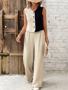 SHEIN Frenchy Women's Simple Colorblock Sleeveless Top And Long Pants Set, For Daily Wear Old Money Style Teacher Outfits  Work Women DressesTwo Piece Suit Earthy Clothes - Apricot - View 5