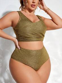 SHEIN Swim Curve 大尺碼夏季海灘純色打褶時尚比基尼套裝 - 金色 - 查看 3