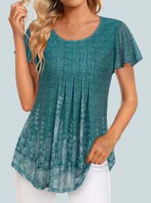 CheersLife Women's Short Sleeve Tunic Tops Floral Double Layers Casual Dressy Blouse Shirts - Dark Green - View 3