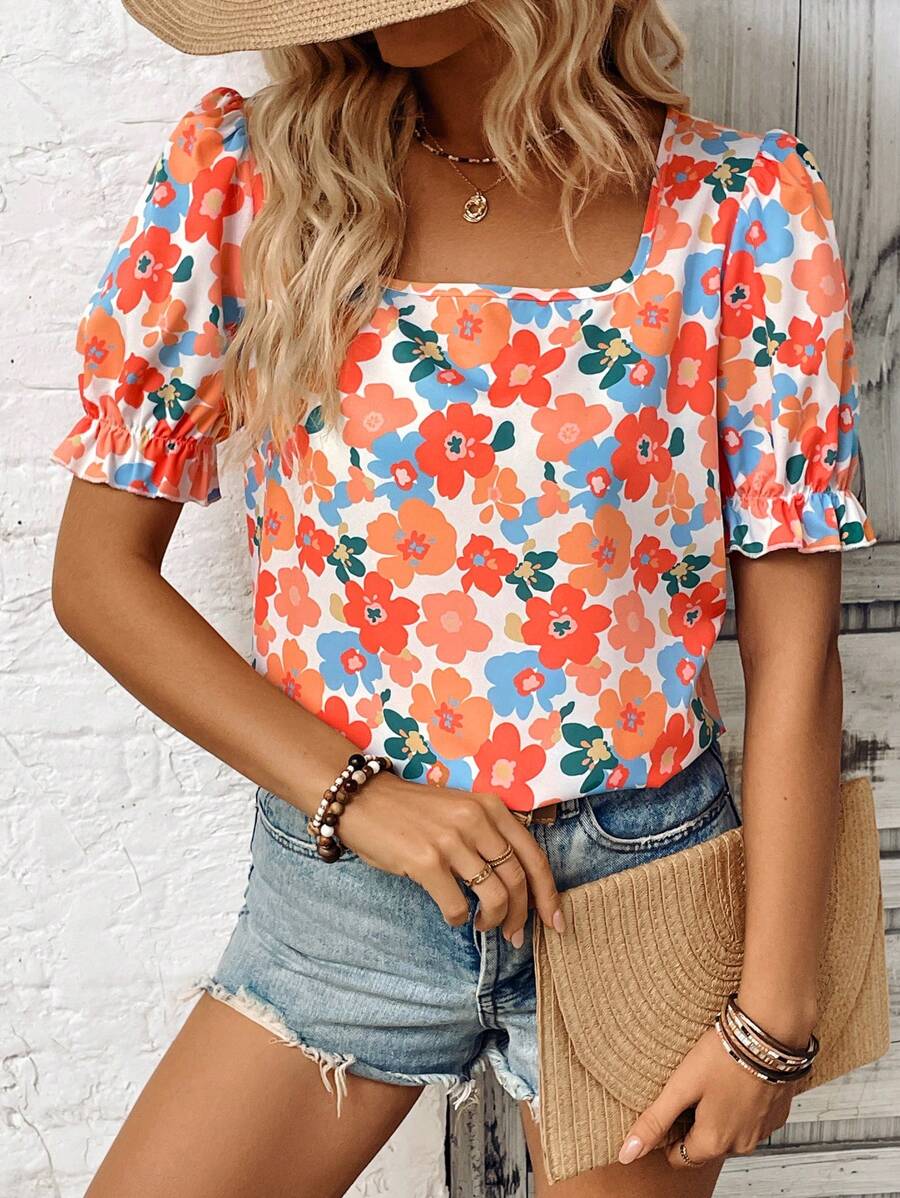 Breezaya Camisa floreada de manga abullonada y cuello ancho para mujer, holgada para vacaciones - Multicolor - Ver 1