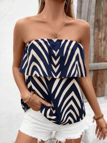 SHEIN Clasi Women's Chevron Print Color-Block Strapless Top - Navy Blue - View 3