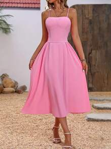 SHEIN Clasi Solid A-Line Cami Long Shirred Dress - Pink - View 1