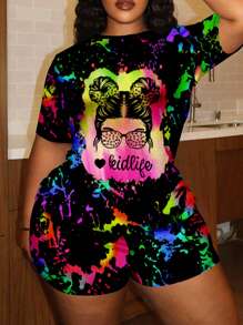 Slaydiva 隨性寬鬆的墨水飛濺多彩女孩圓領短袖T恤和短褲套裝，大尺碼，夏季 - 黑色 - 查看 5