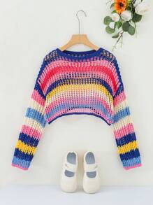 Travachic KIDS Tween Girl Loose Elegant Cropped Rainbow Striped Crewneck Pullover Sweater With Long Sleeves