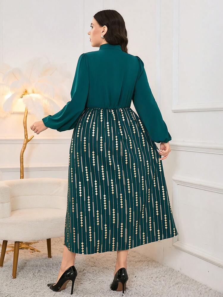 Plus Size Lantern Sleeve Dress With Gold Print And Patchwork Long Evening Dresses