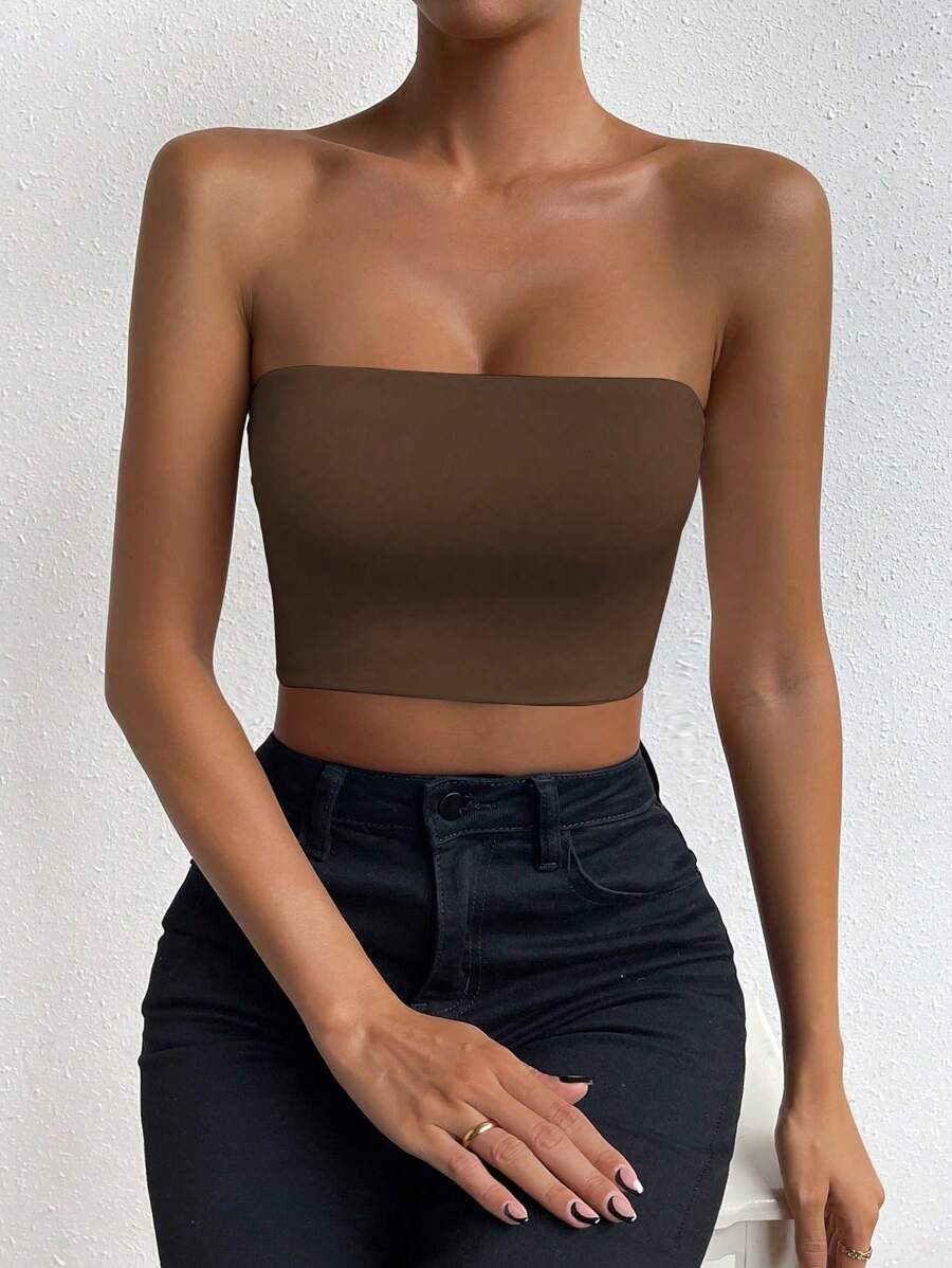 Chiquease 女性夏季無肩帶無袖純色上衣 - 咖啡棕 - 查看 1