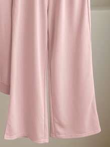 SHEIN Tween Girls' Knitted Plain Basic Loose-Fit V-Neck T-Shirt And Wide Leg Casual Pants Two-Piece Set - Pink - View 8