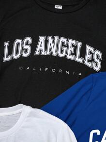 SHEIN 3入組青少年男孩松身型休閒短袖上衣，英文字母印花，多件套裝 - 寶藍色 - 查看 3