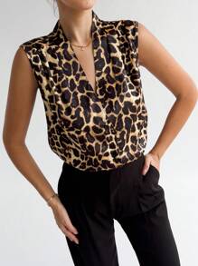 SHEIN Privé Leopard Print Button Front Work Women Shirt Blouse
