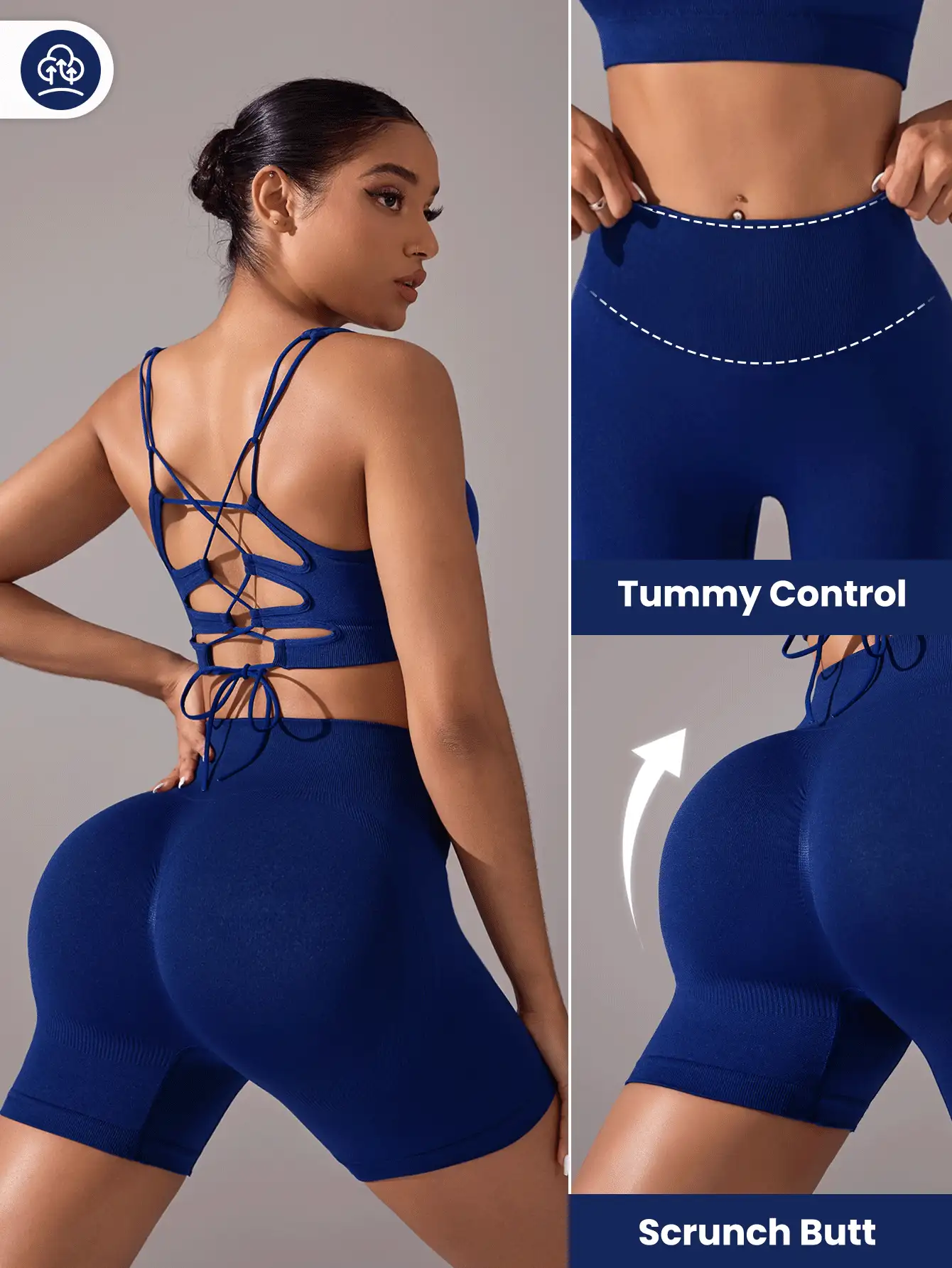 Gameset SHEIN Sport 無縫高彈力瑜伽運動胸罩和短褲套裝 - 藏蓝色 - 查看 3
