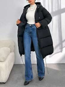 EURMUSE Lange gesteppte Jacke mit Kapuze, Reißverschluss und Kordelzug, Winterbekleidung - Schwarz - Übersicht 7