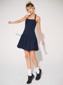 2026 Vestido corto de cuello halter con bajo abullonado - Negro - Ver 4