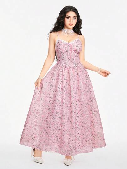 Kawaii Girls' Sweet And Romantic Countryside Style Patchwork Spaghetti Strap Dress With Ditsy Floral And Lace Trimmed Hem