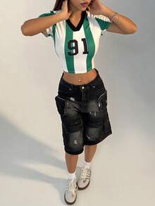 SHEIN Unity 女士夏季休閒運動條紋數字標誌印花短款T恤 - 白色 - 查看 5