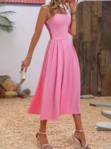 SHEIN Clasi Solid A-Line Cami Long Shirred Dress - Pink - View 3