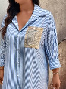 Calvaya Plus Size Blue & White Striped Loose Shirt Dress For Women
