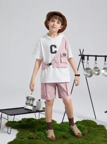 SHEIN Tween Boy Loose Fit Casual Hooded 2 In 1 T-Shirt And Shorts Set - Pink - View 3
