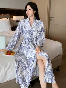 DAZY Botanische Liniengrafik Allover-Muster Kontrastfarbiger Gürtel Design Hemdkragen Schlafanzug - Weiss - Übersicht 4