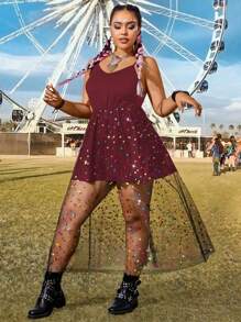 Flirla Vestido camiseros con sobrecapa de malla para mujeres de tallas grandes