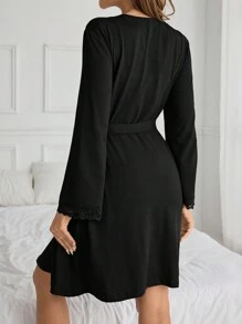 Women Solid Elegant Contrast Lace A-Line Robe, Fall Cozy And Elegant Details