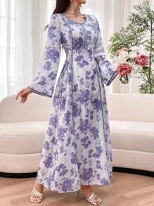 Al Najma 女士花卉印花系带侧撞色编织边阿拉伯朴素长袖连衣裙 - 紫色 - 查看 5