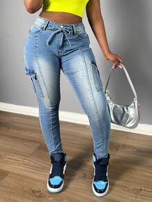 Women's Tight Fit Drawstring Pocket Skinny Jeans - Blue - View 8