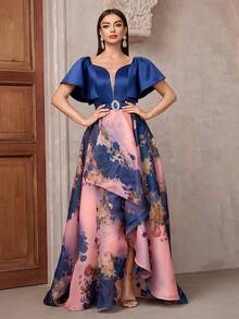 Vestido maxi de dama de honor con estampado floral, escote de corazón y mangas cortas con volantes, vestido elegante - Multicolor - Ver 5