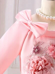 SHEIN 年輕少女精緻粉色刺繡連衣裙，寬領設計，適合女孩穿著 - 粉色 - 查看 6