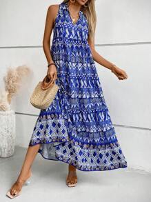 SHEIN LUNE Robe sans manches simple imprimée du quotidien de vintage pour femmes - Multicolore - Voir 4