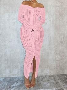 Women Elegant Textured Jacquard Knit Dress Off Shoulder Dress Long Sleeve Button Down High Split Bodycon Party Outfit For Night Out & Events - 粉色 - 查看 5