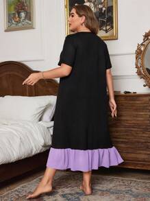 Váy ngủ midi đen viền bèo nhún chiffon tím cỡ lớn, váy dài, Moo Moo - Màu tím - Xem 2