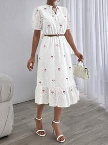 SHEIN Cottnline Floral Embroidery Short Sleeve Dress - White - View 4